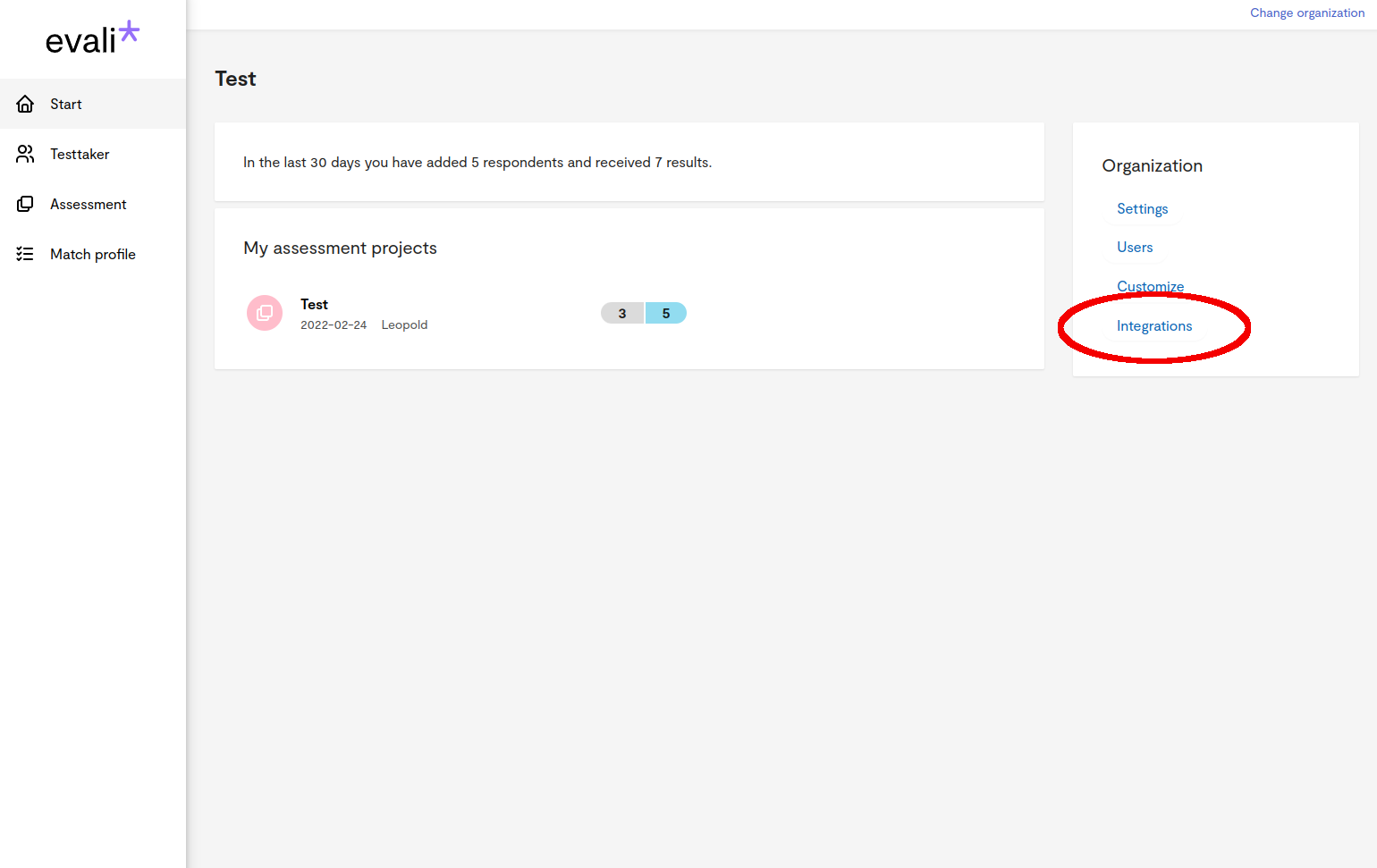 evali dashboard showing the Integrations option in the right menu