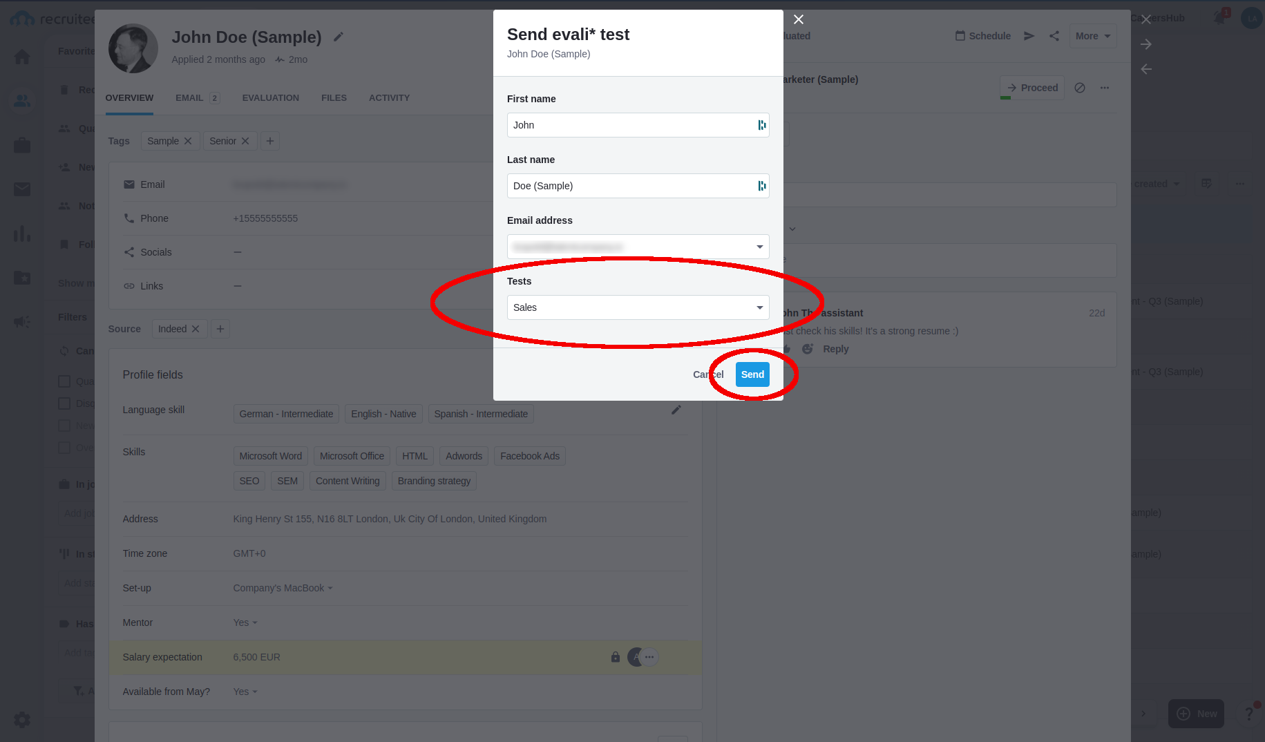 evali test selection dialog with Send button
