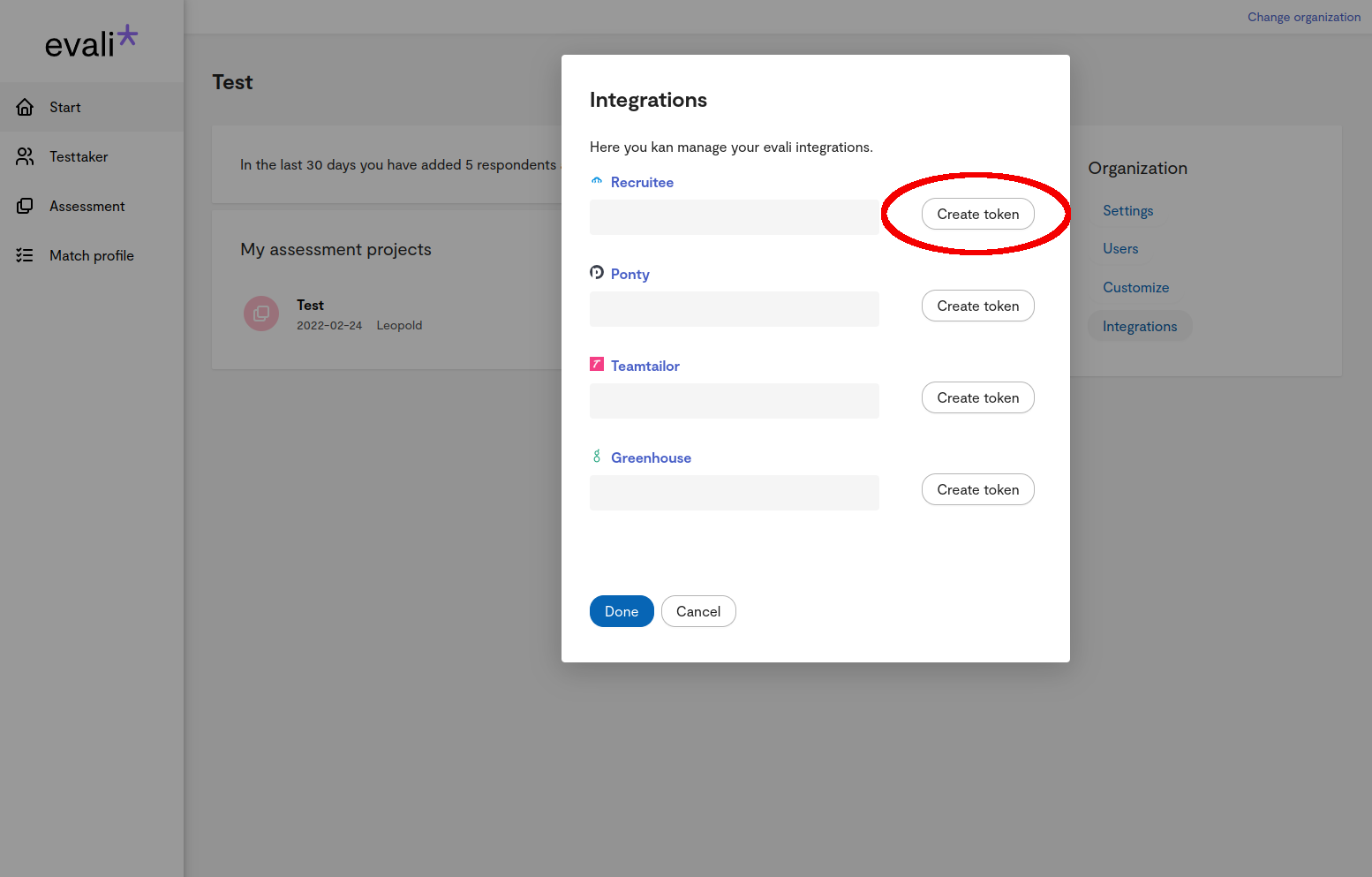 evali integrations page showing the Recruitee option with Create token button