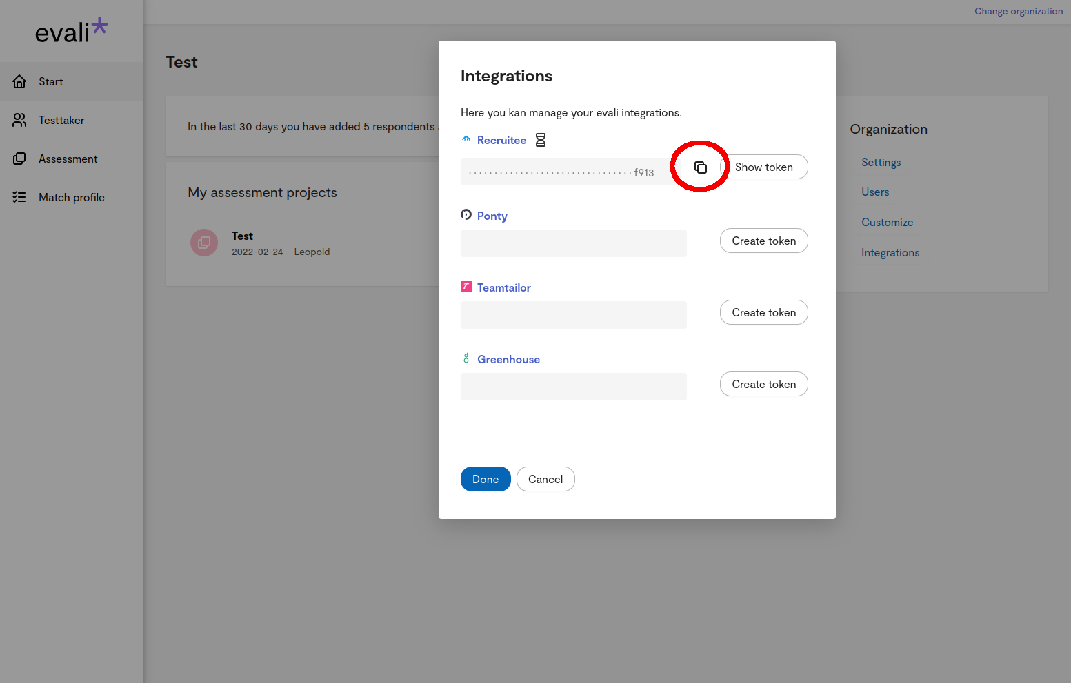 evali token creation dialog with copy icon highlighted