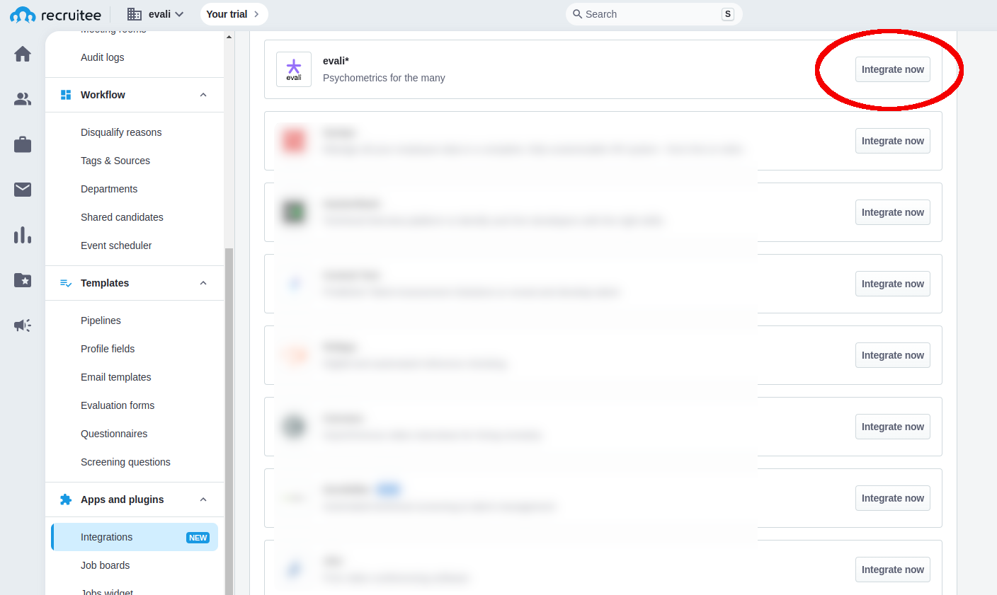Recruitee settings page showing Apps & Plugins section with evali integration option