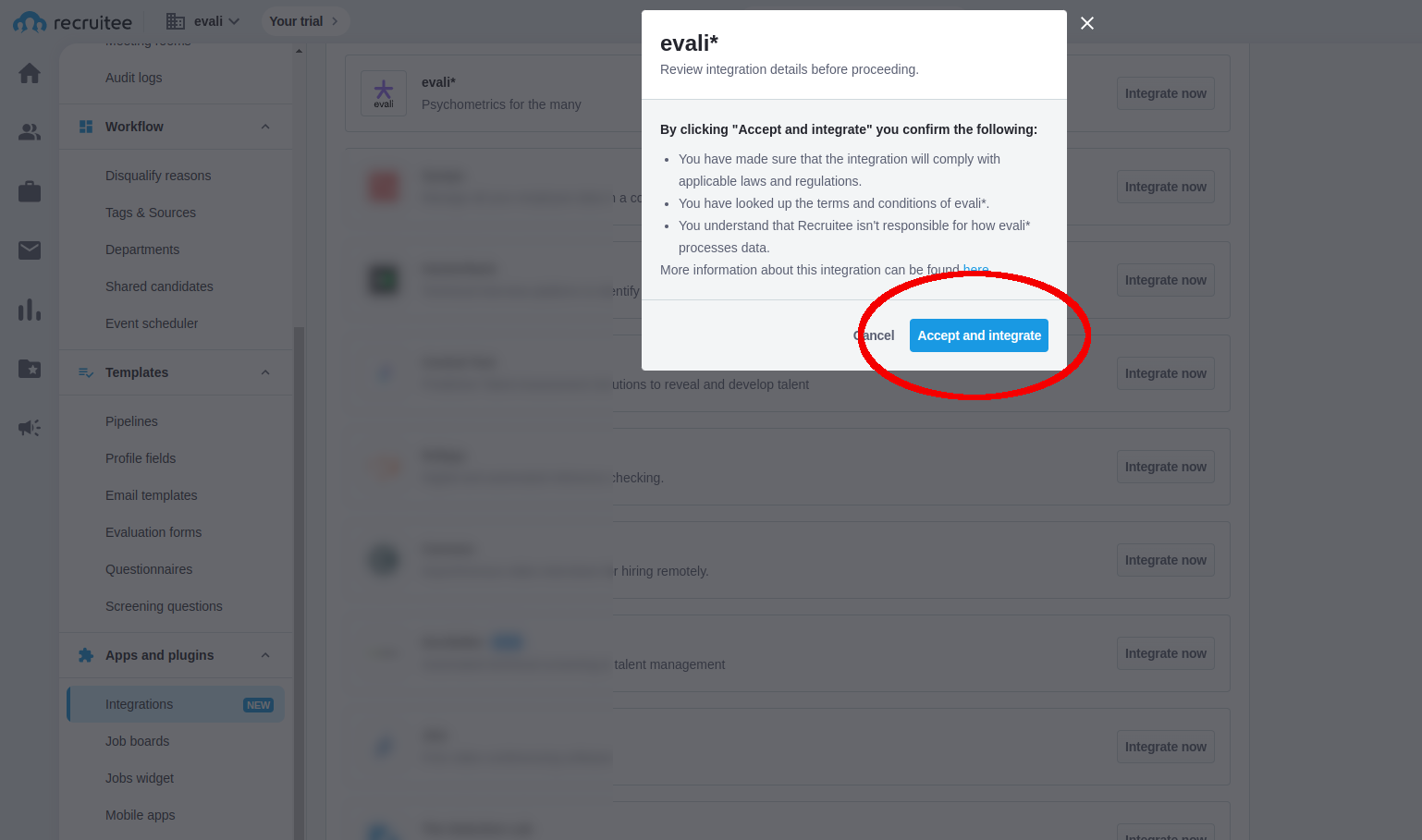 Recruitee integration confirmation dialog with Accept & integrate button