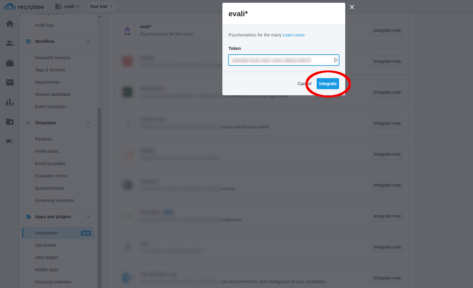Recruitee token input field with Integrate button