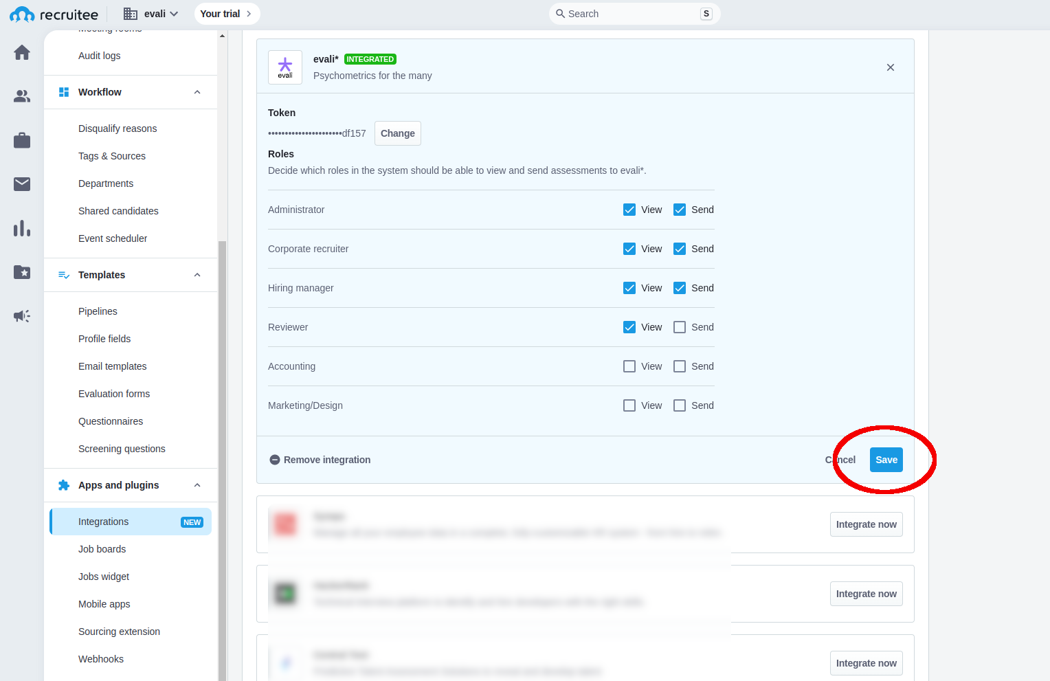 Recruitee permissions configuration page for evali integration
