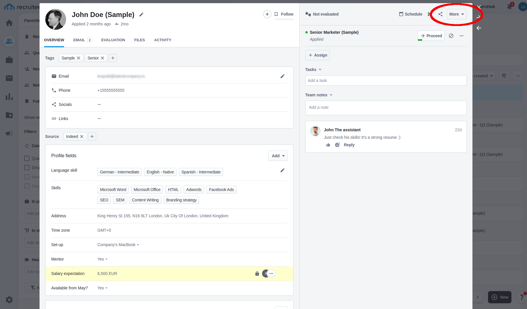Recruitee candidate view with More dropdown menu in the top right