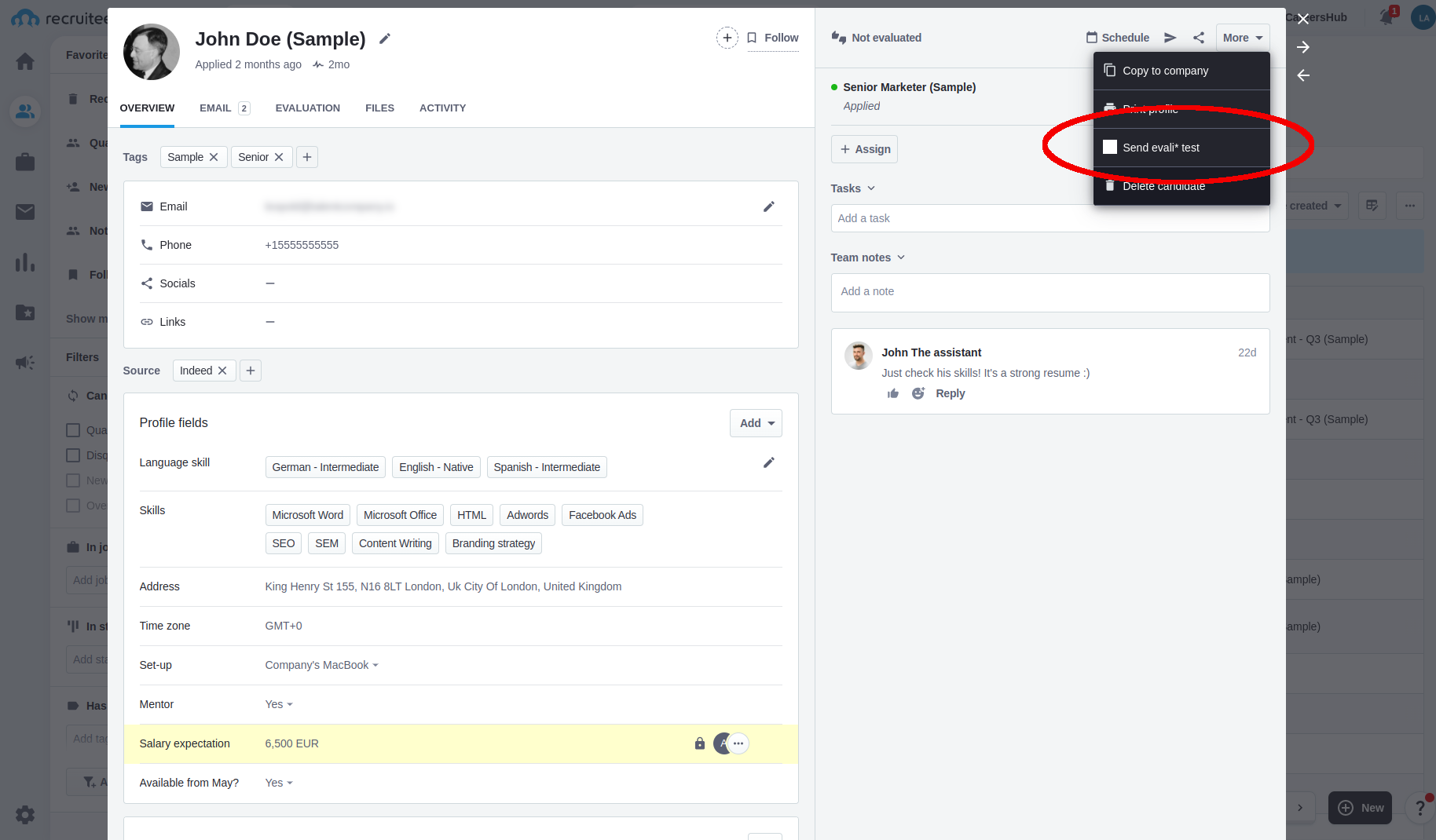 Recruitee More dropdown menu showing Send evali test option